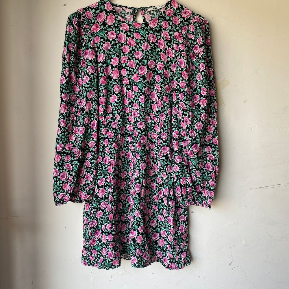 Zara floral pink green long sleeve mini dress nwt